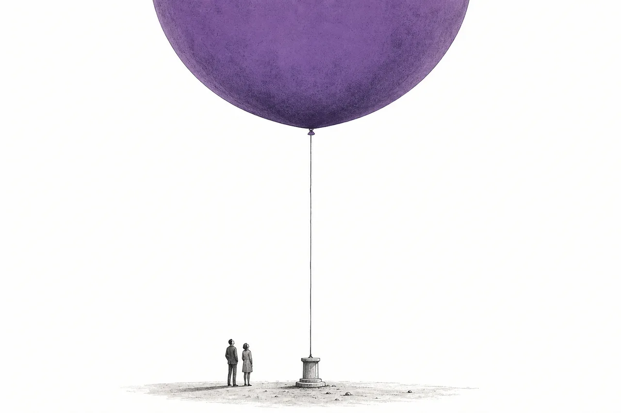 A giant balloon tied by a very thin string to a tiny base on the ground, representing a valuation inflated far beyond actual revenue.