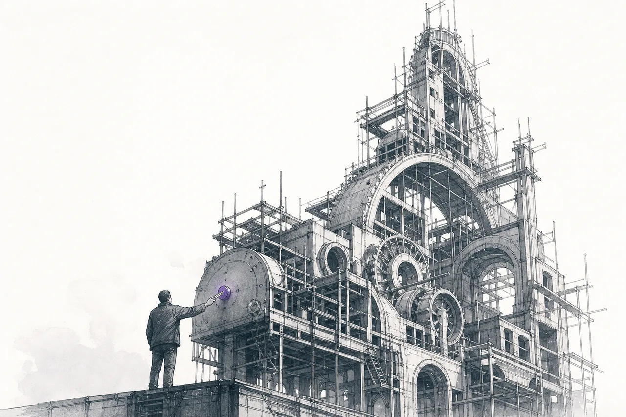 A small investor places a bet on the blueprint of a giant, unfinished machine, with steel framing and gaps still to be filled in.