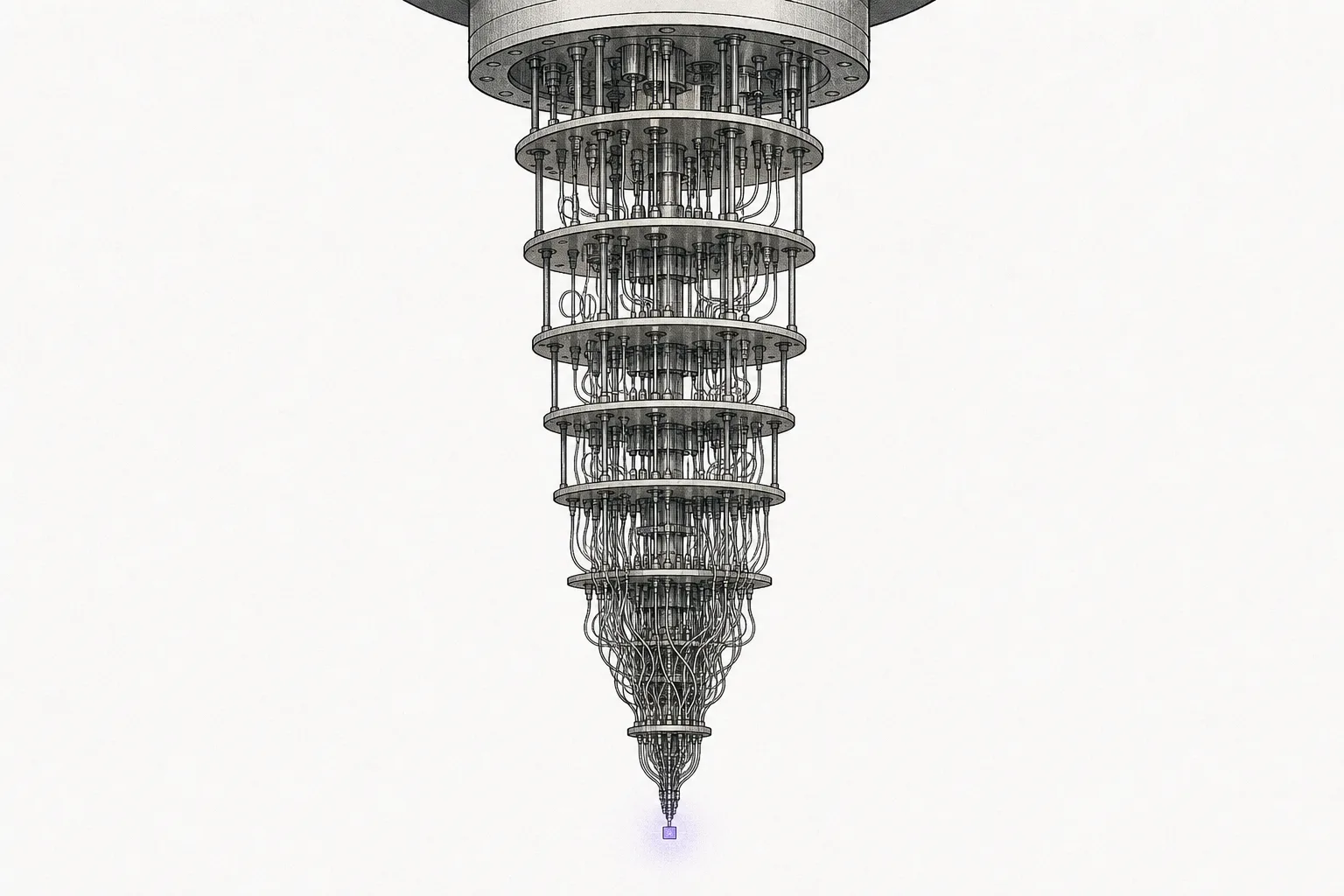 A brass chandelier-shaped dilution refrigerator hangs in tiers, wrapped in tubes and wires; at the very bottom sits a tiny, faintly glowing chip — the deeply chilled quantum circuit.