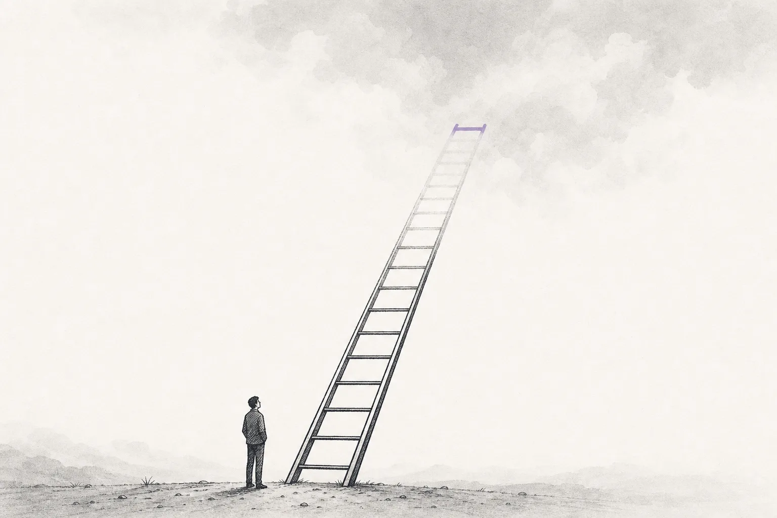 A staircase stretches up into the fog, each step labeled with a year; the topmost, still-blurry step is the goal of a working machine, conveying a multi-year road to get there.