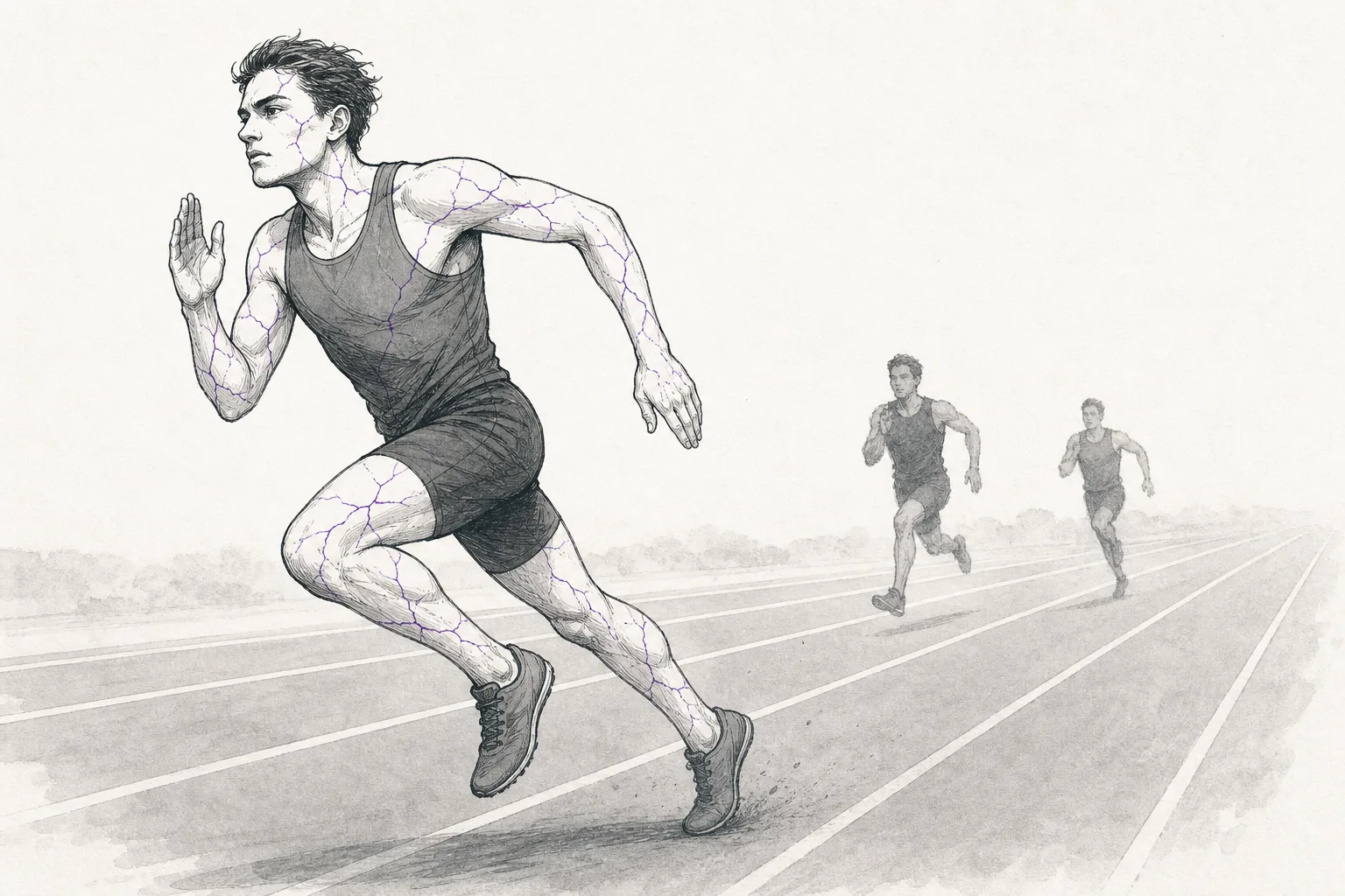 A lean runner leads the pack on a track, but a small crack runs across their body — conveying that the speed advantage comes paired with fragility.