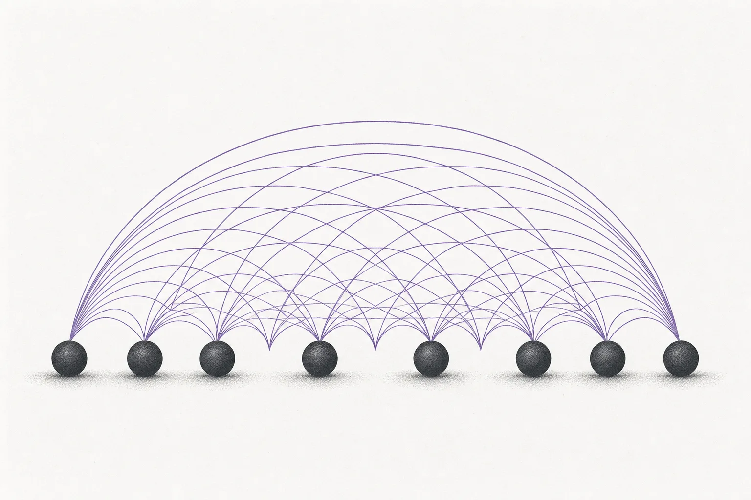 Several ions line up in a row, with a thin curved line connecting every pair, conveying that every qubit can talk directly to every other.