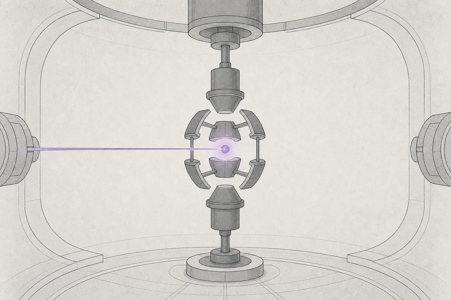 A single glowing atom floats still inside an electromagnetic field surrounding it, with one thin laser beam firing toward it, in a quiet, empty room.