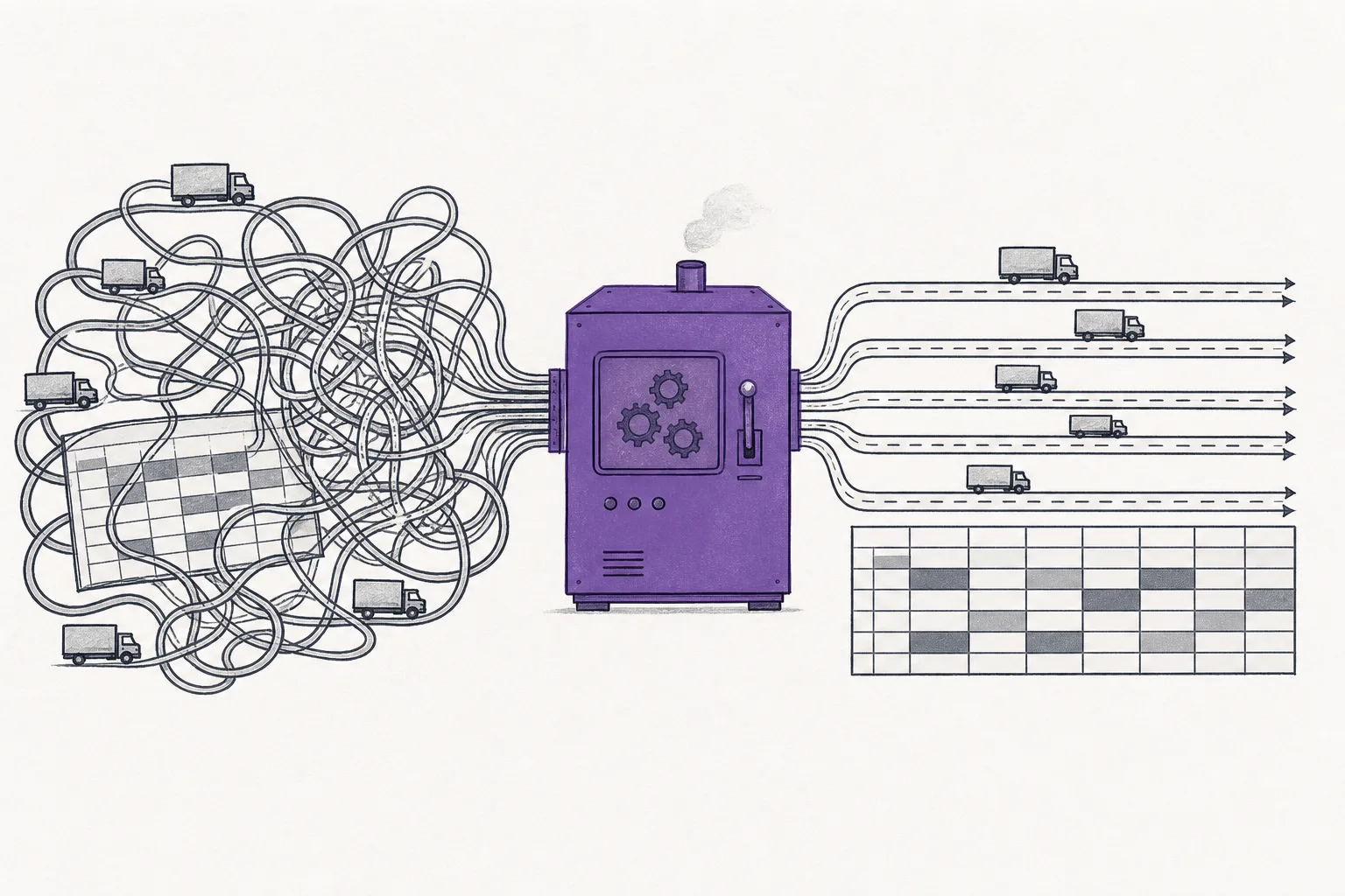 A single specialized machine stands in the middle of a factory, with delivery trucks, routes, and work schedules tangled in a mess around it — but the machine untangles those routes into neat order. It conveys a special-purpose machine that actually solves businesses' allocation/routing problems.