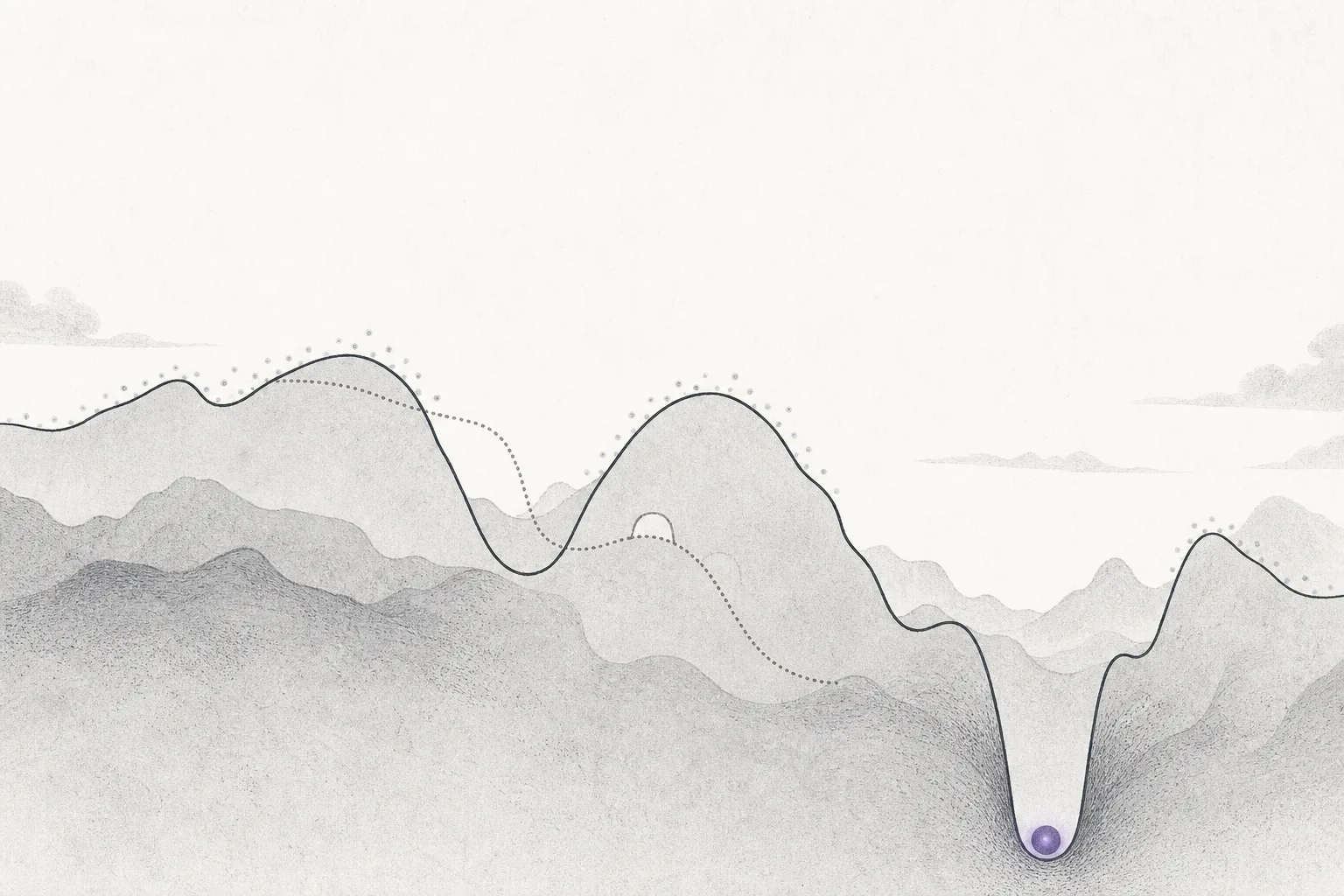 A rugged mountain range with many valleys of uneven depth. A single glowing point is flowing down and coming to rest at the deepest valley floor, conveying how the best answer is found by letting the system flow down to its lowest-energy point.