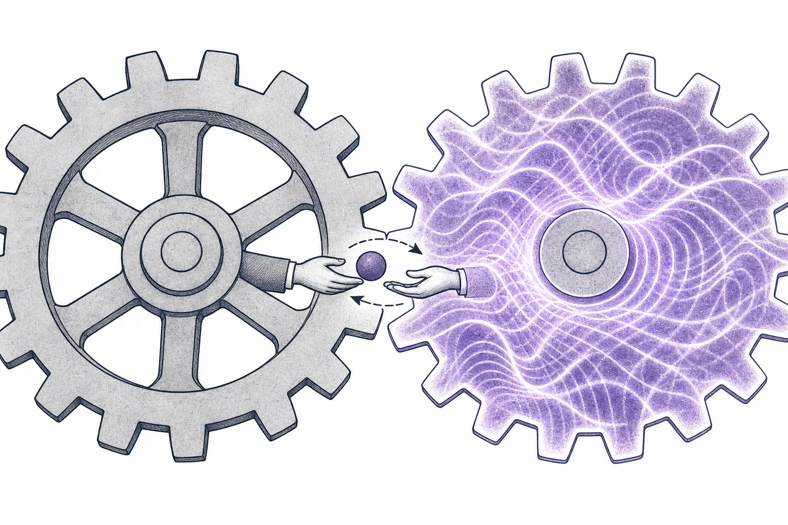 Two gears mesh together — one a smooth classical gear, the other a gear glowing with quantum-wave-like patterns — working in sync to pass problems back and forth. It conveys hybrid problem-solving that mixes an ordinary computer with a quantum machine.