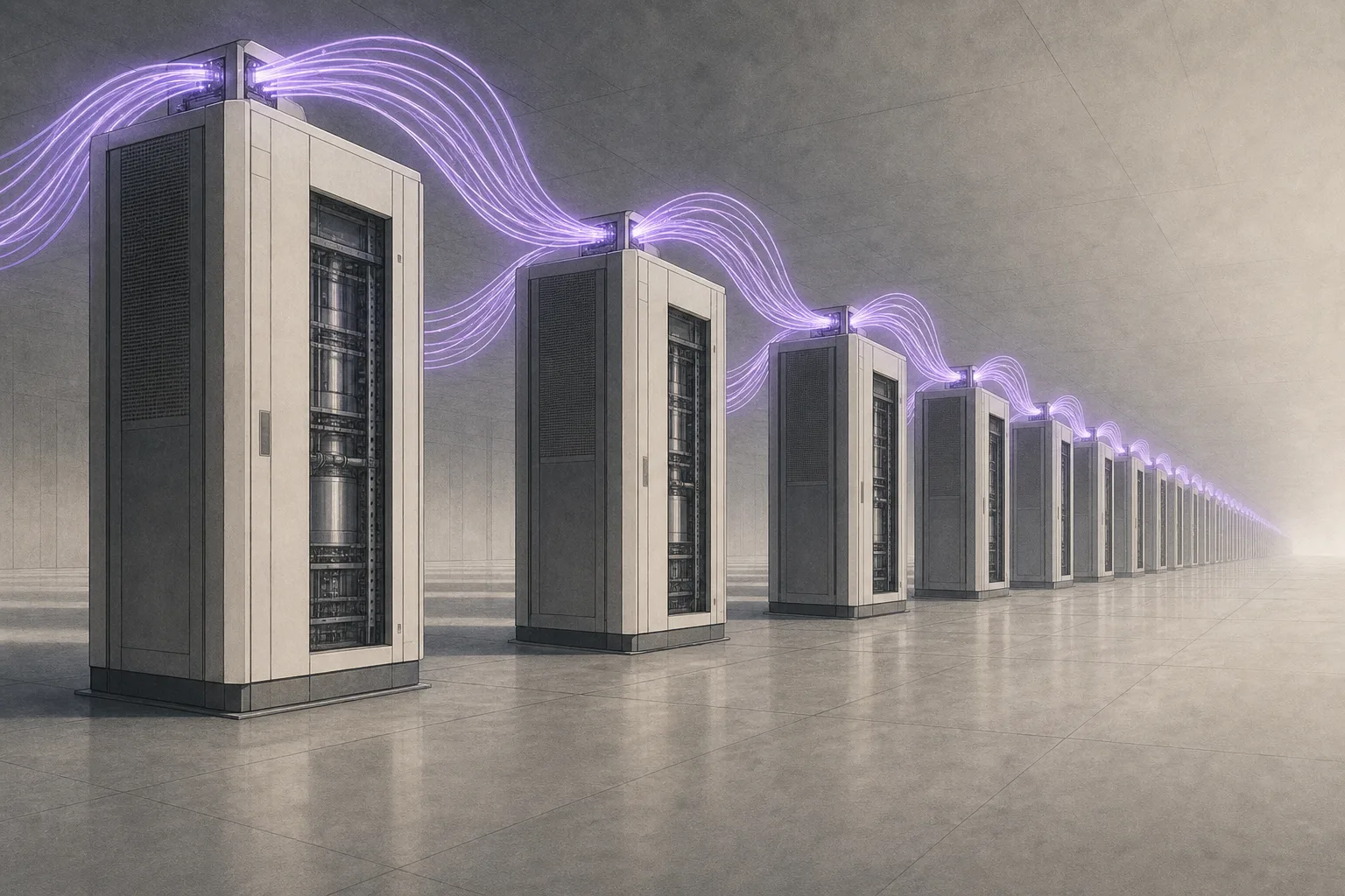 A data-center room with rows of server racks connected by glowing optical fibers running between them, representing a photon-based quantum computer that scales by networking instead of building one giant chip