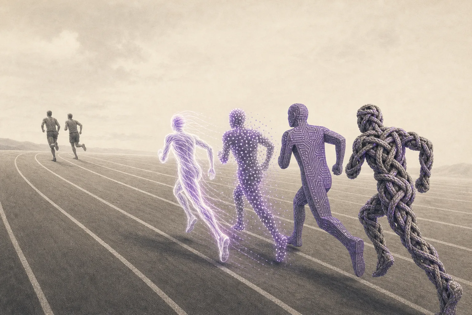 Four runners of completely different shapes — one made of beams of light, one a cluster of tiny dots, one a sheet of silicon, one a knotted rope that won't come undone — chasing two leading runners ahead on the same track