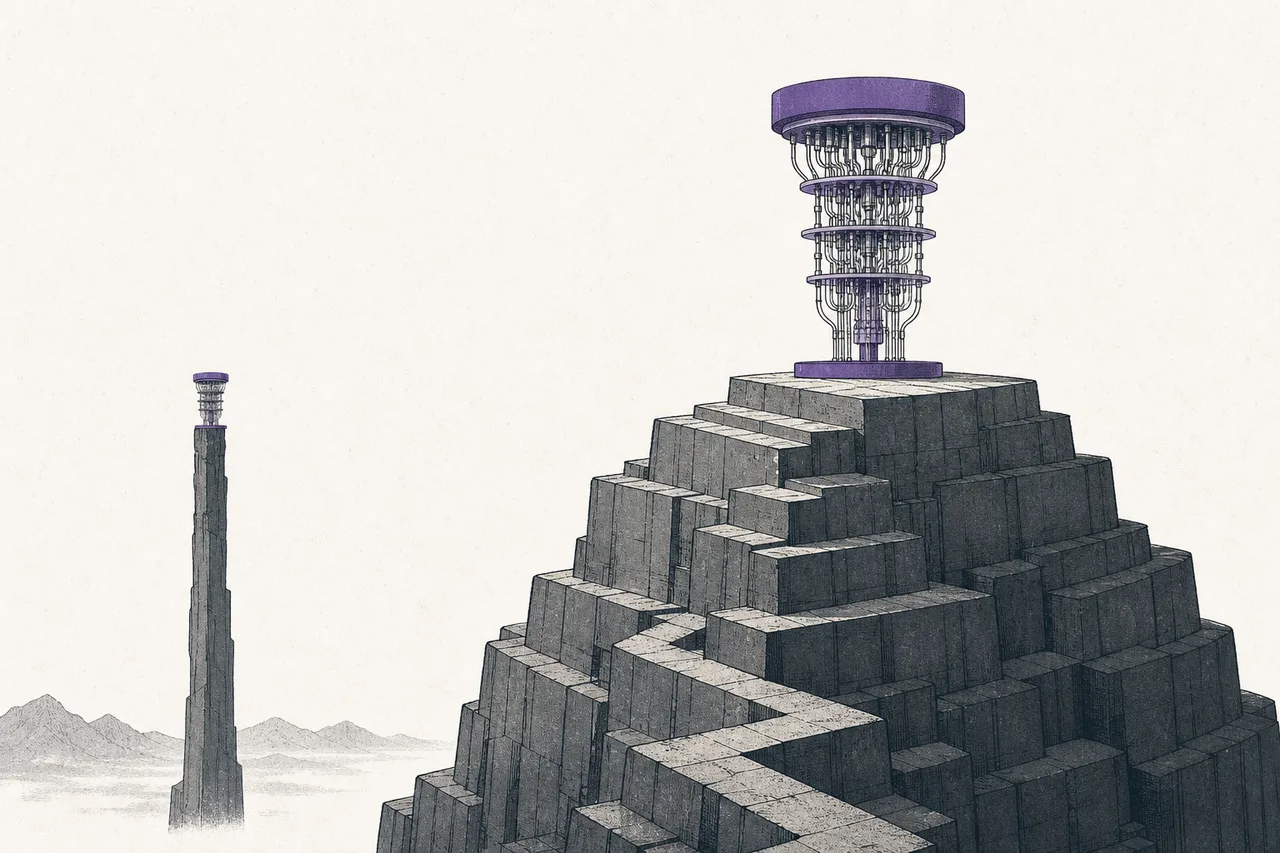 A small quantum machine sits atop a huge, stable mountain of capital — unlike the small machine standing alone on a thin pole beside it.
