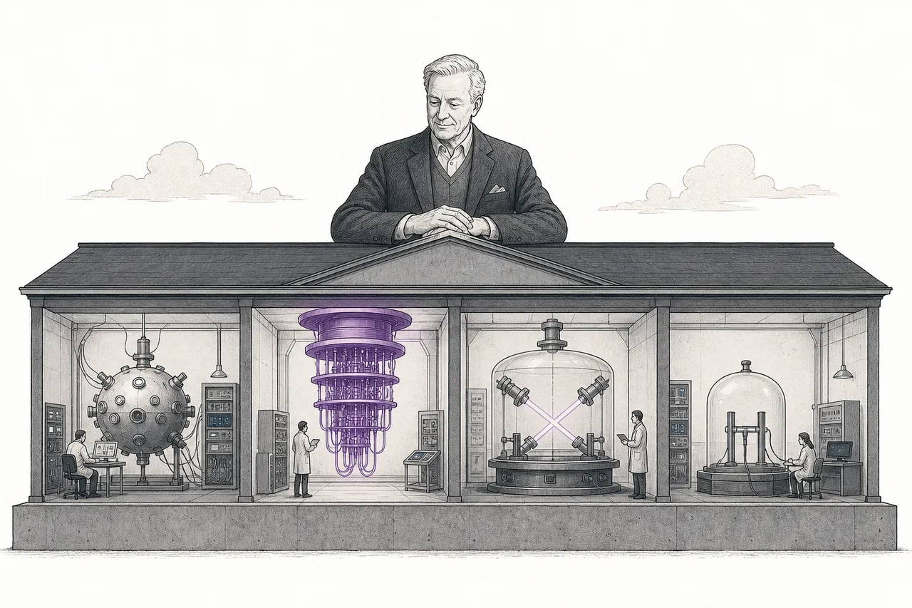 Several labs in a row, each with a differently shaped quantum machine, small researchers working under one stable roof.