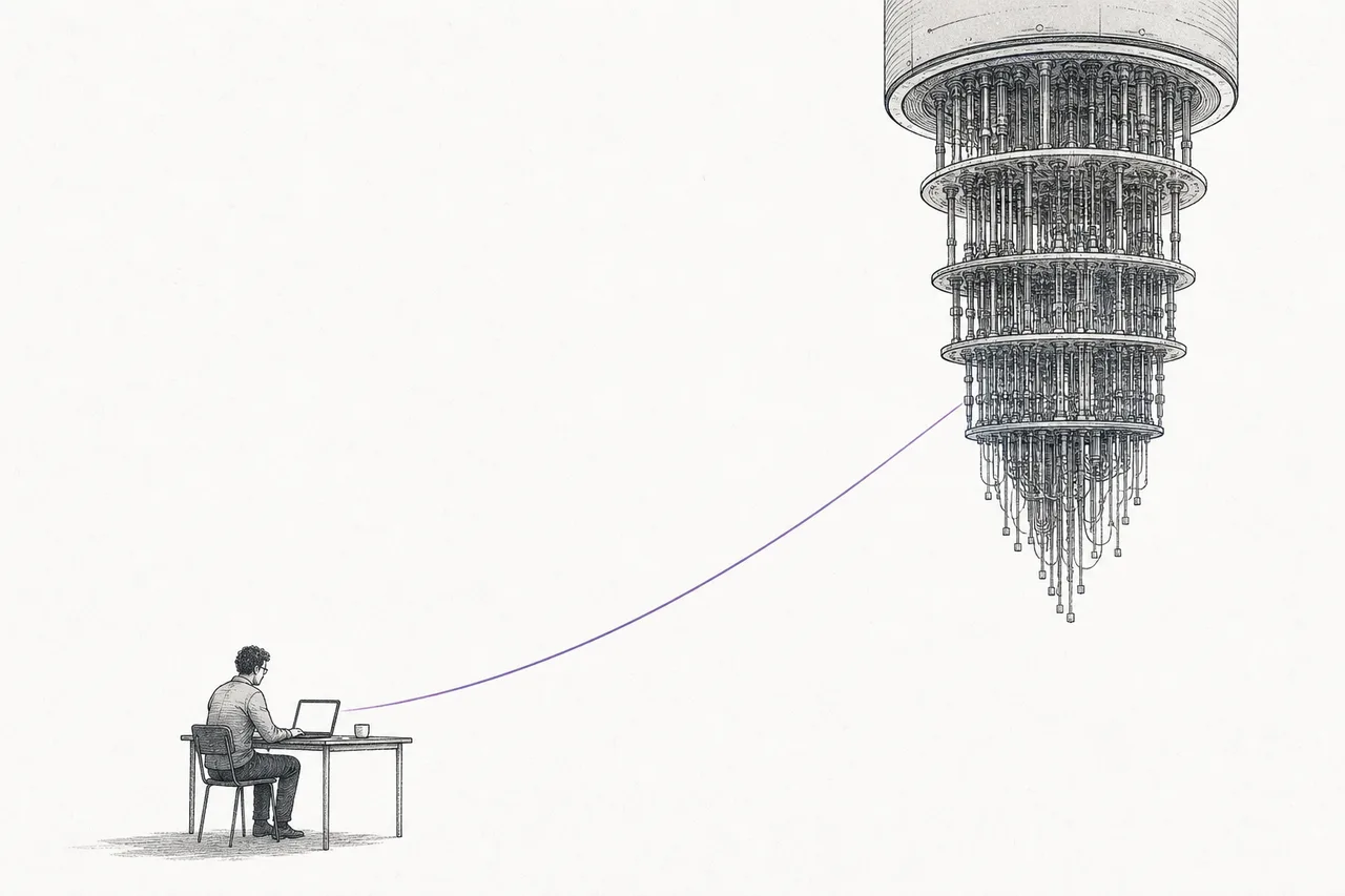 A tiny researcher sits in front of an ordinary laptop, with a thin line shooting from the screen across the sky to a huge chandelier-shaped quantum machine far in the distance.
