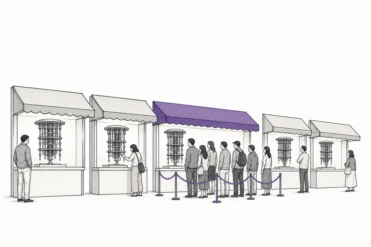 A market with several stalls, each offering a different kind of quantum machine for customers to pick from. One stall in the middle has a longer line than the rest.