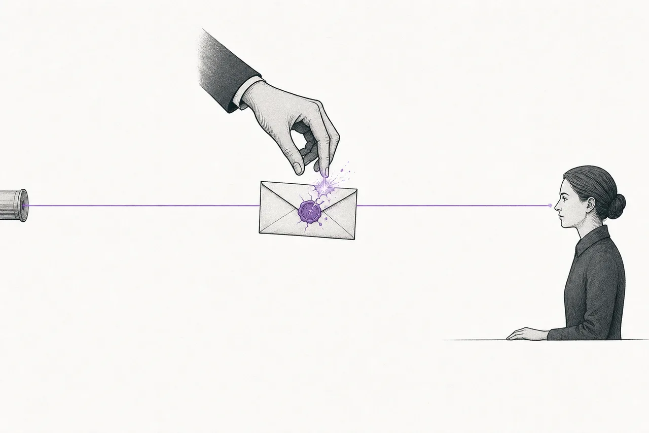 A sealed letter traveling along a thin beam of light. If anyone secretly opens and reads it, the wax seal breaks so it's visible at once.