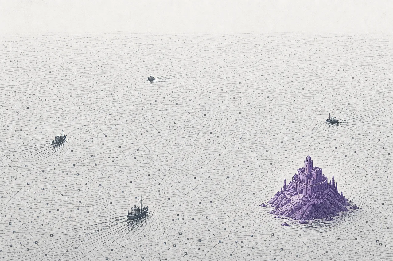 A small island with a strong fortress, standing in the middle of a wide sea of software-math-based encryption.