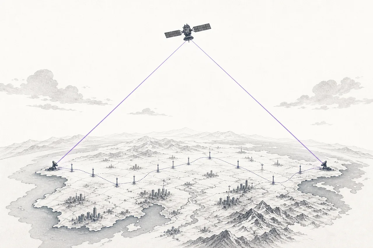 A satellite firing a thin beam of light down to connect two ground stations on opposite sides of the country.