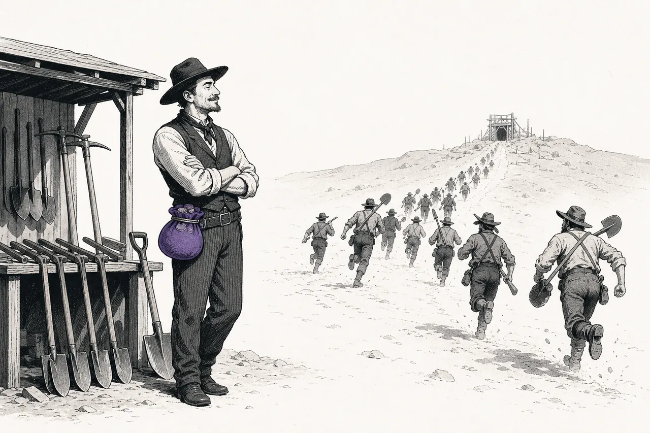 A miner stands selling shovels and picks to a crowd running toward a distant gold mine that hasn't been struck yet — and the shovel seller is the only one with pockets full of coins.