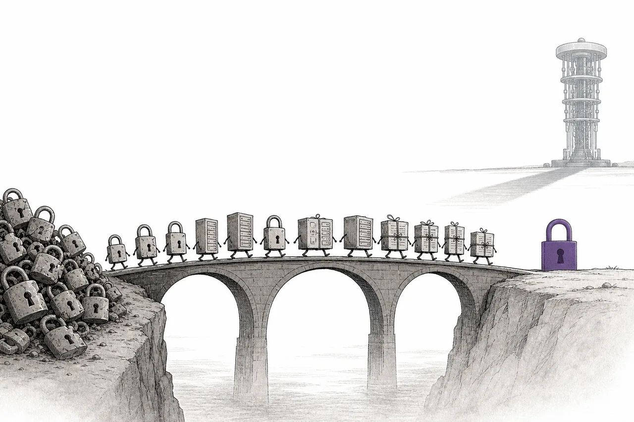 A long procession of servers and devices crossing a bridge from the old-key shore to the new quantum-resistant-key shore, with the shadow of a quantum computer waiting in the distance.