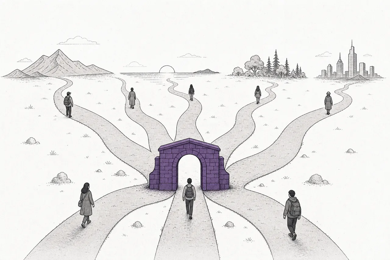 Many gold miners running off in different directions, but every path first passes through the same single gate