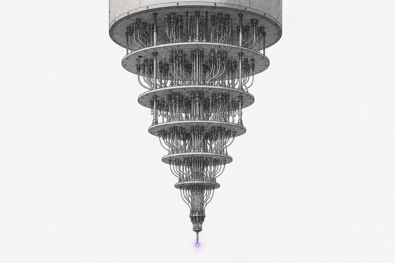 A multi-tiered chandelier-shaped fridge hanging down, with a tiny glowing dot — the qubit — at the very bottom tip