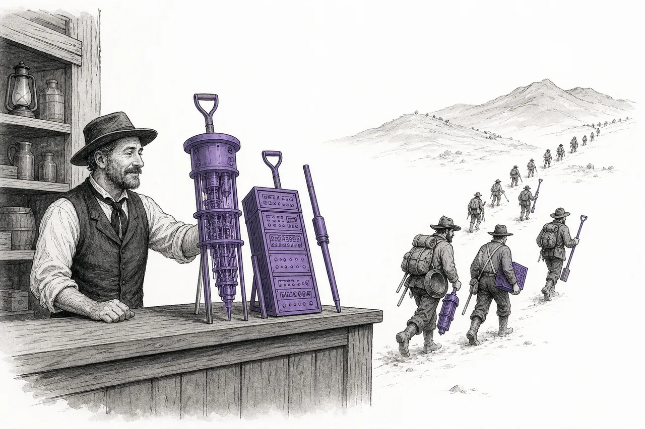 An equipment seller hawking shovels shaped like quantum cryogenic fridges and electronics boxes to gold miners running off toward the treasure