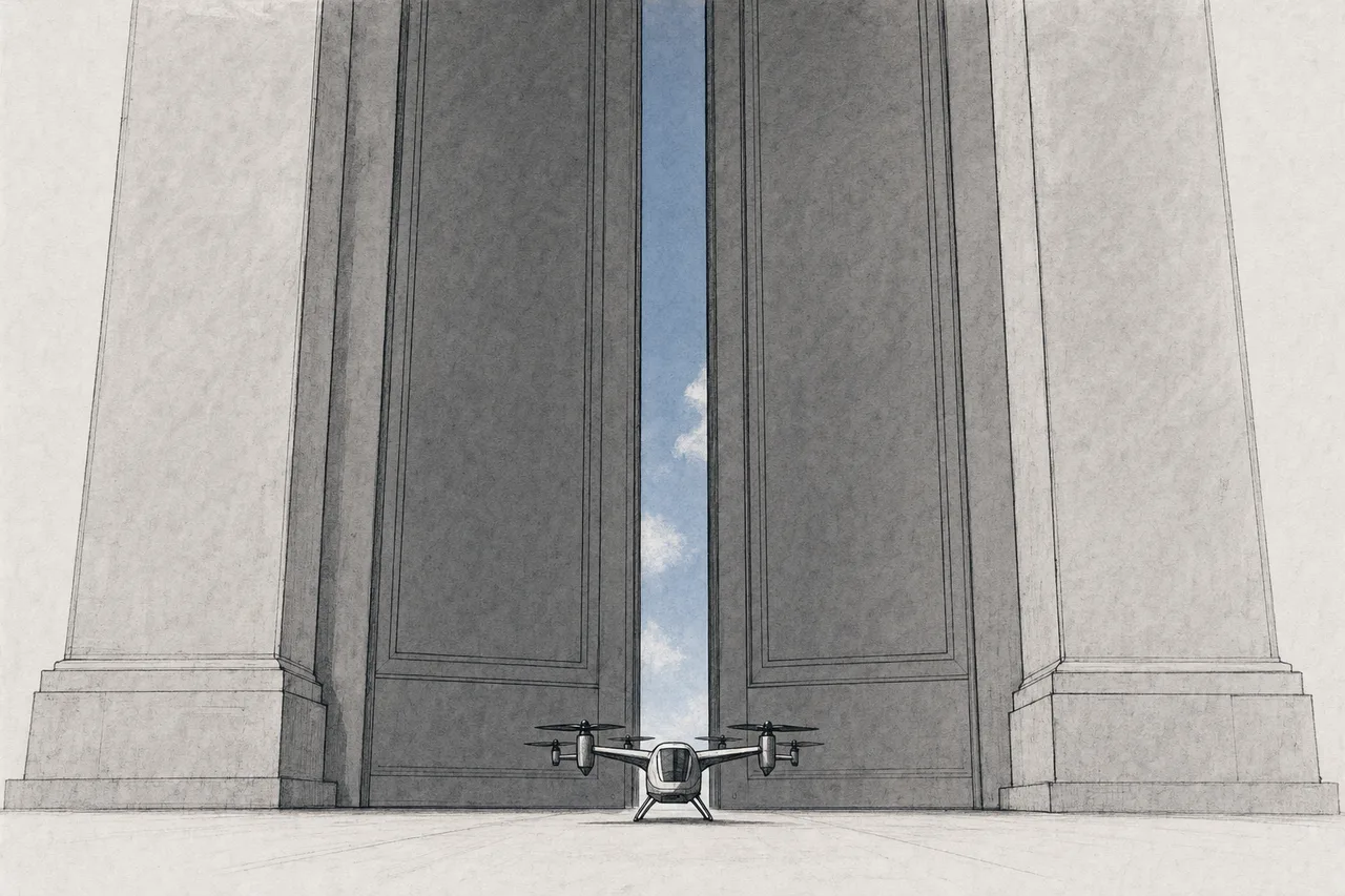 A small electric aircraft flies toward a massive official gate that opens little by little, stamped with a seal marking the last checkpoint before reaching the sky.
