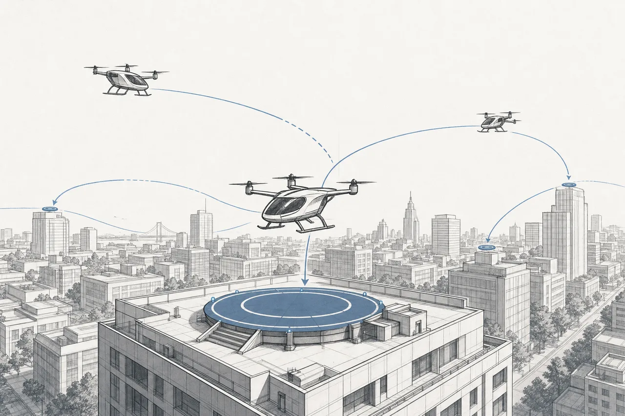 A city seen from above, with small electric vertical-takeoff aircraft (eVTOL) hovering, connected to rooftop landing pads and flight routes drawn out like a network.