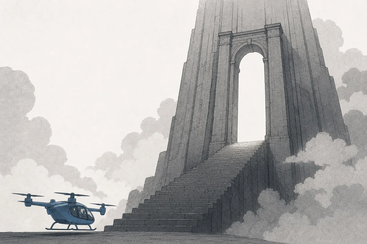 An electric aircraft waits in front of an enormous stone gate that rises through the clouds, with a long flight of stairs leading up, representing the certification gate it must clear.