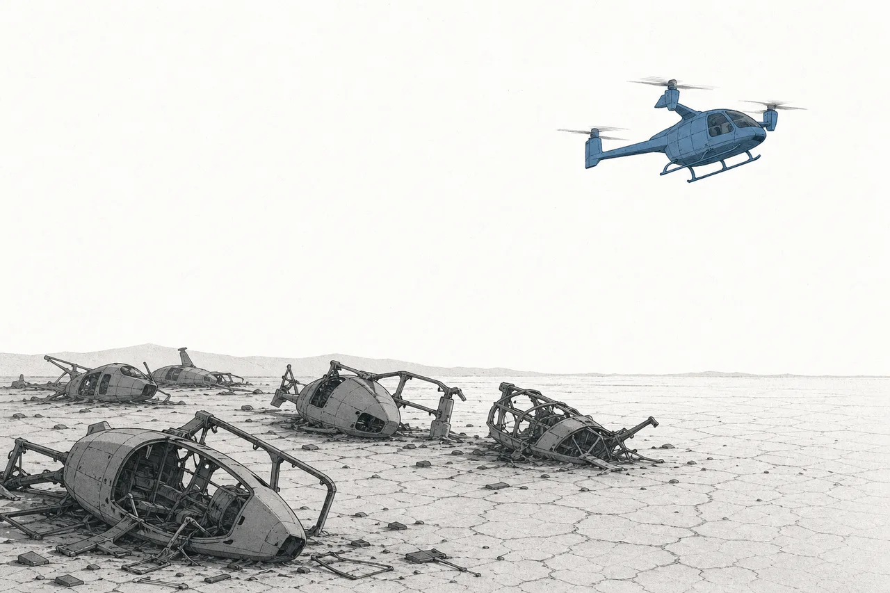 One electric aircraft climbs steadily into the sky, while several others have crashed and lie still as wreckage on the arid land below.