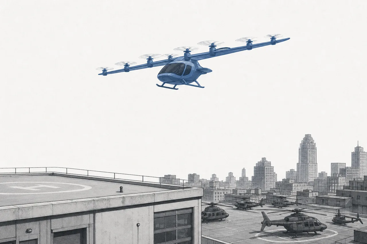 A small electric aircraft with several little rotors lifts off from a city rooftop, while a fleet of old-style helicopters sits parked below.