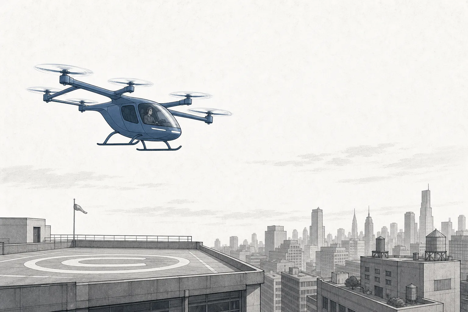 A small electric aircraft with several propellers rises gracefully from a city rooftop. There's one pilot in the cabin, with the morning skyline behind it.