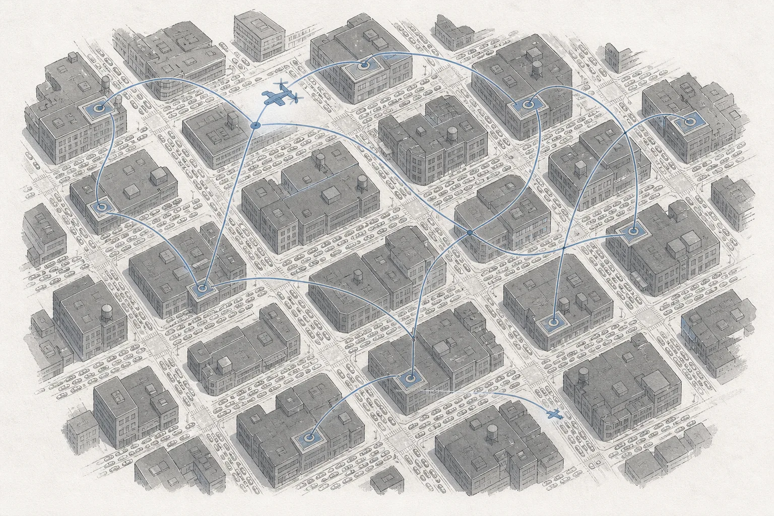 A bird's-eye city map with small aircraft landing pads scattered across many rooftops, connected by thin flight routes above congested roads.
