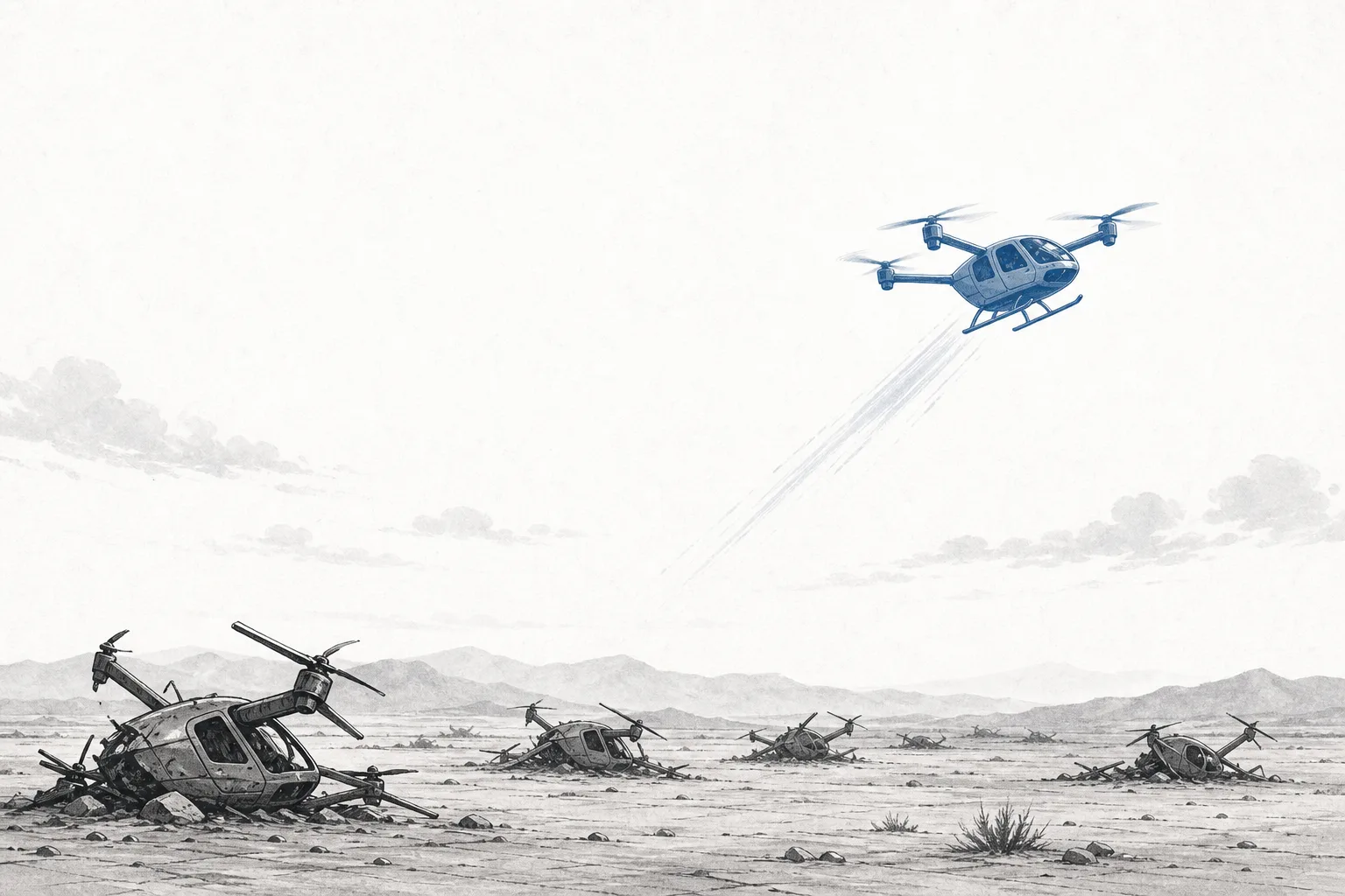 One electric aircraft climbs steadily into the sky, while several others have crashed and sit motionless as wreckage on the barren ground below — representing the companies that survive and the ones that fall.