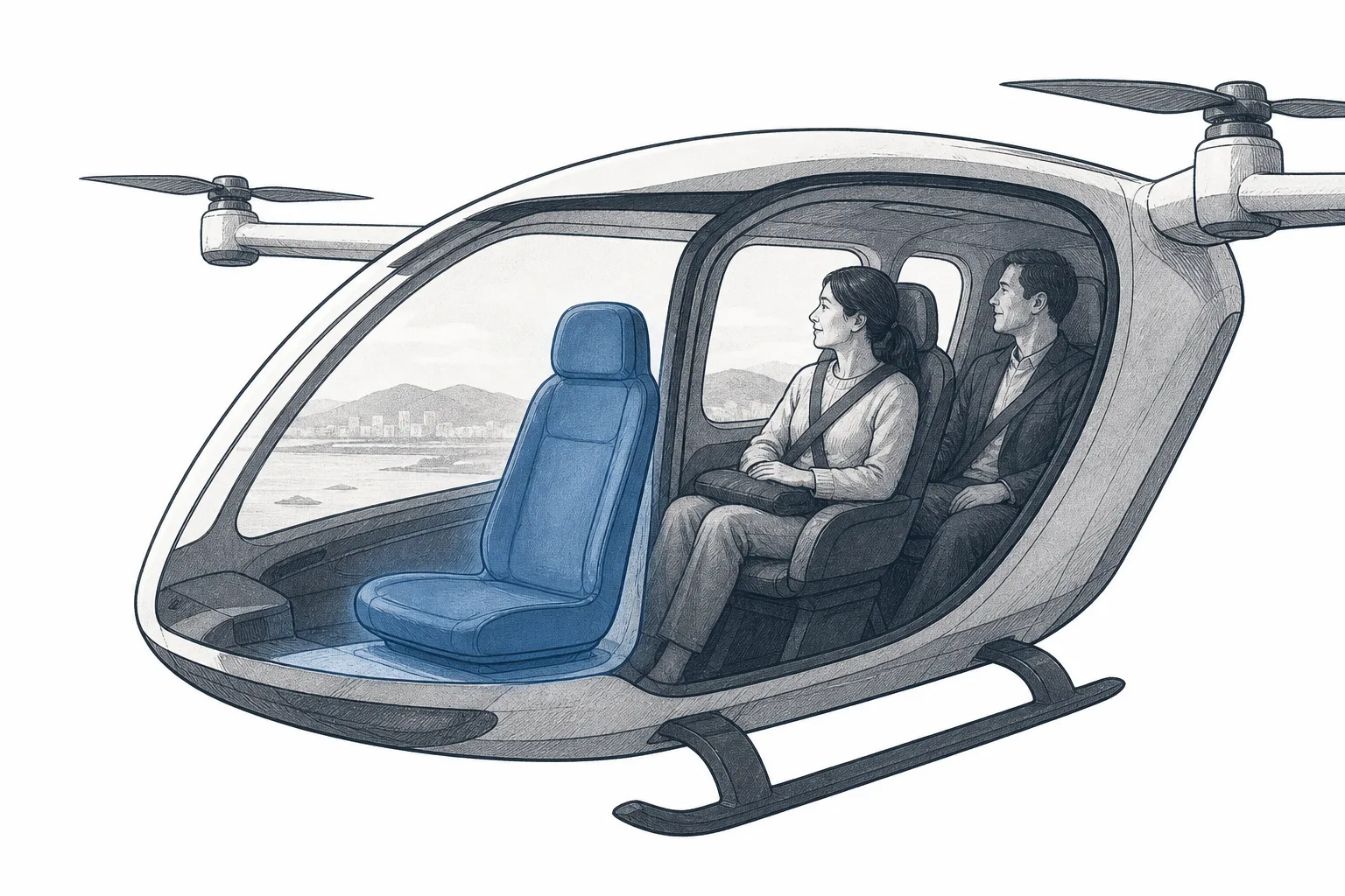Inside a flying taxi's cabin, the front pilot's seat sits empty and highlighted, while every remaining seat is filled with passengers — showing the seat shifting from pilot to paying passenger.