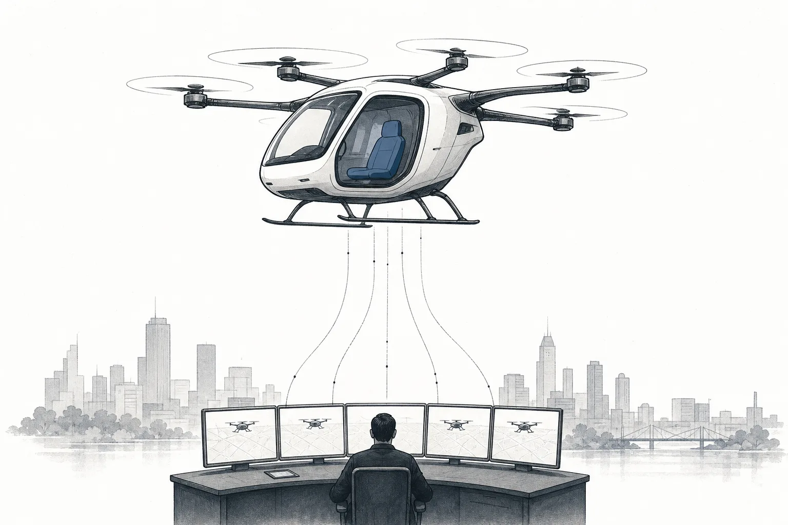 A small uncrewed electric aircraft hovers over a city, with thin lines running down to a screen in a ground control center below. The empty pilot's seat is highlighted.
