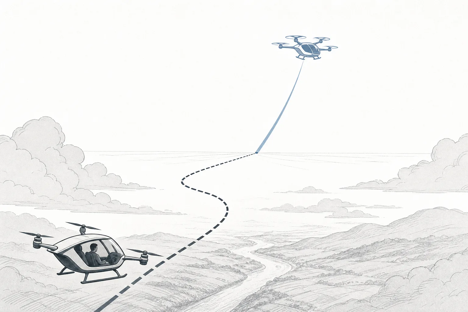 Two roads stretch up into the sky. One is straight and goes farther, led by an uncrewed aircraft; the other starts slower, with a piloted aircraft climbing gradually behind it.