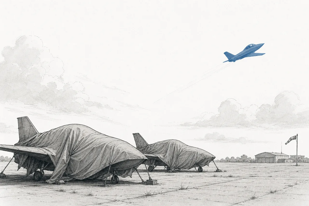 One electric prototype sits still under a cover, while another lifts off and flies forward — representing both failure and hope.