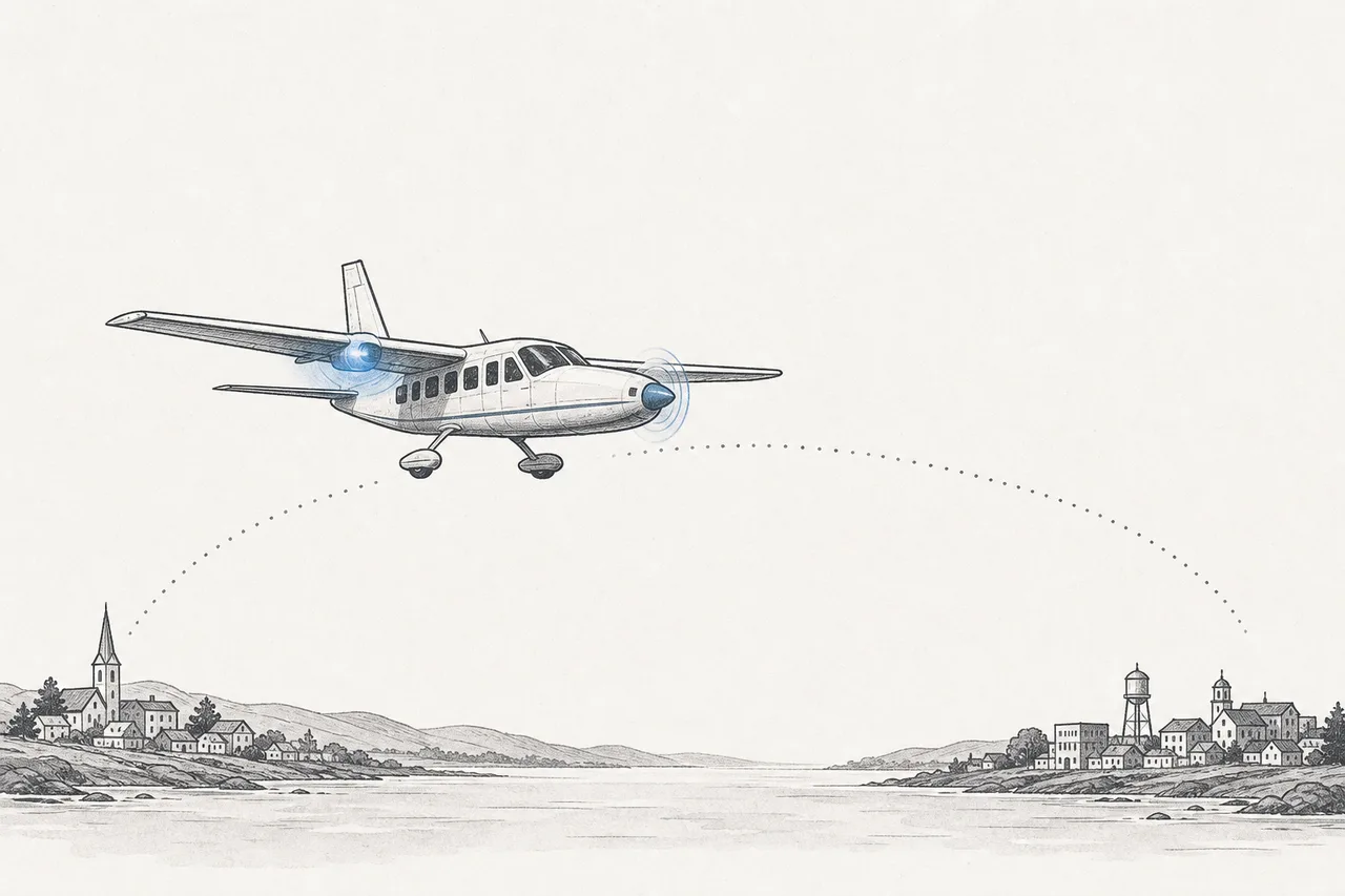 A small propeller plane flying a short route between two nearby cities, with one of its wings carrying a glowing electric motor.