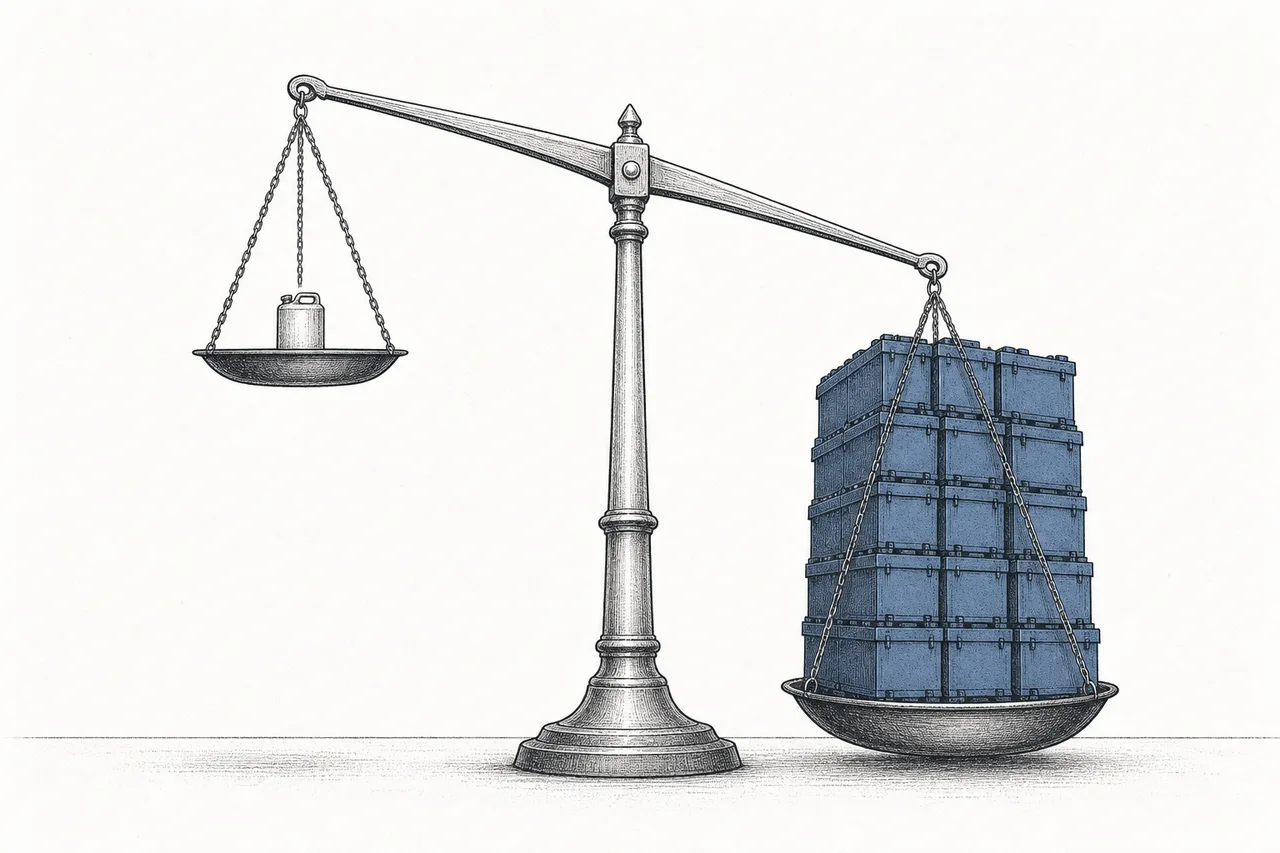 A scale comparing weight: on one side a tiny fuel tank, on the other a huge, much heavier pile of batteries.