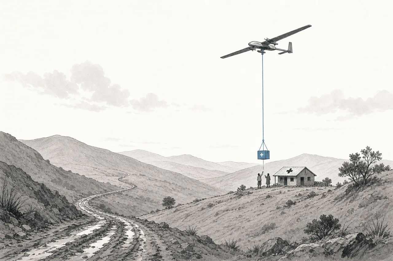 A drone lowers a box of medical supplies down to a small clinic in the middle of hilly rural terrain where roads are hard to reach.