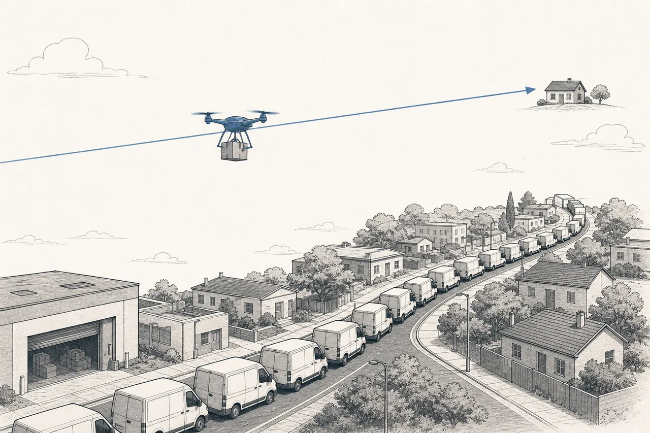 A cargo drone flies a straight line over a road backed up with traffic, heading straight for the destination house.