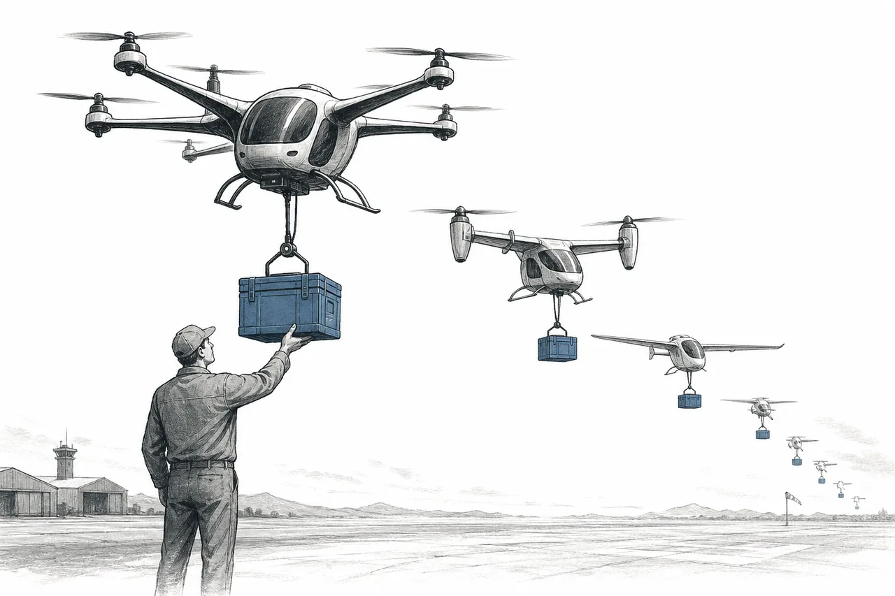 An equipment supplier stands calmly in the middle of an airfield, handing the same box of parts to several differently designed electric aircraft, one after another.