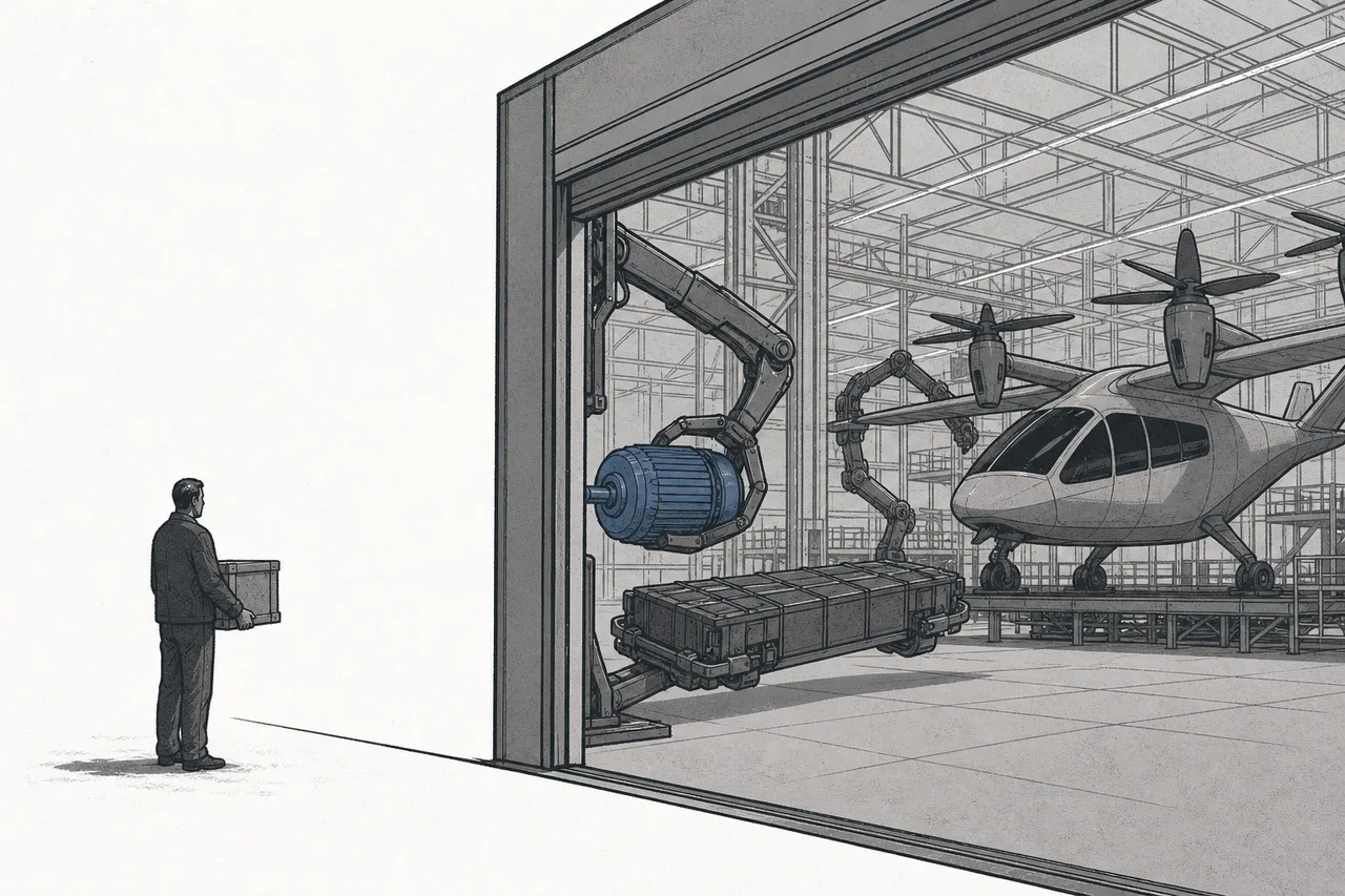 An electric aircraft gradually pulls various parts inside to build them itself in its own factory, leaving the equipment supplier standing outside watching.