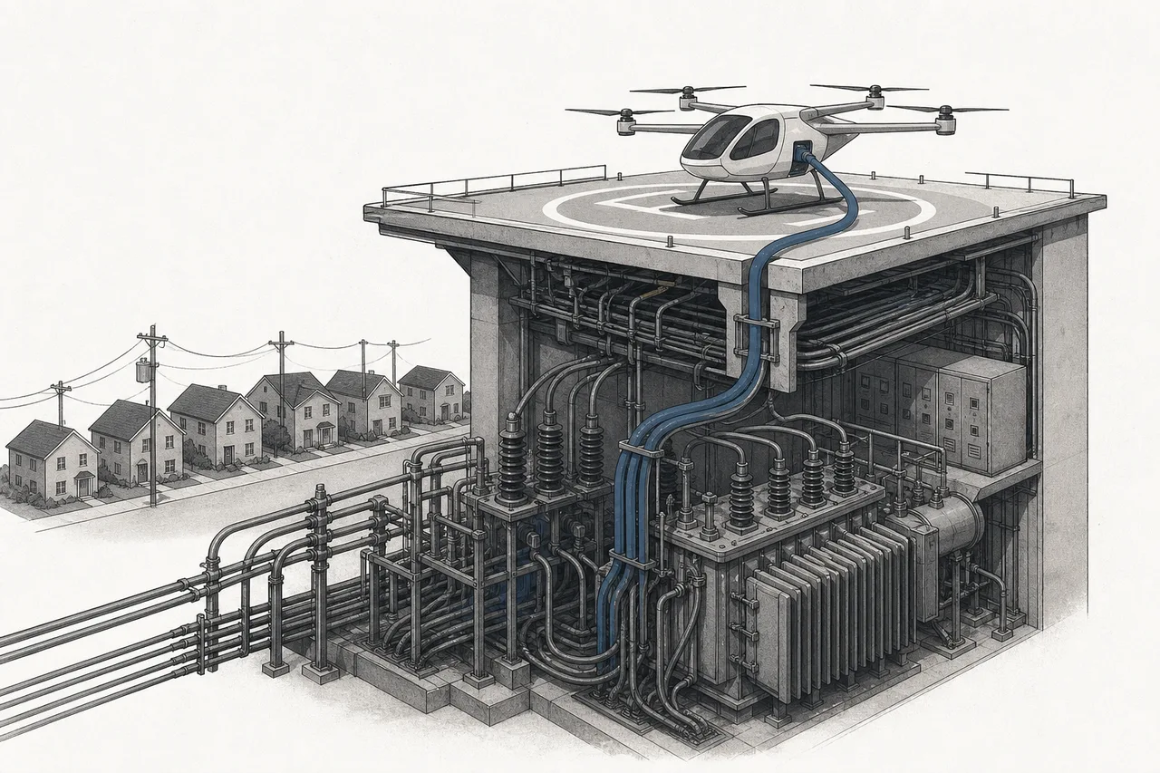 A small vertiport draws power from a large transformer and power lines — more than all the homes in the district combined