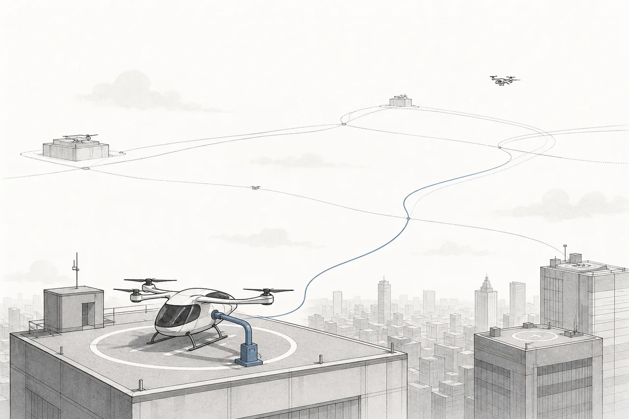 An aircraft vertiport on a city rooftop, with charging heads plugged into electric aircraft and thin air routes linking several pads together