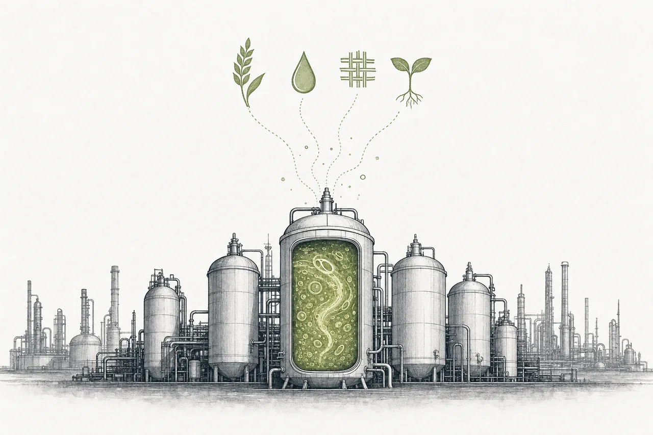 Rows of tall fermentation tanks stand in for an oil refinery's smokestacks — inside, faintly glowing microbes are remaking the world's raw materials.