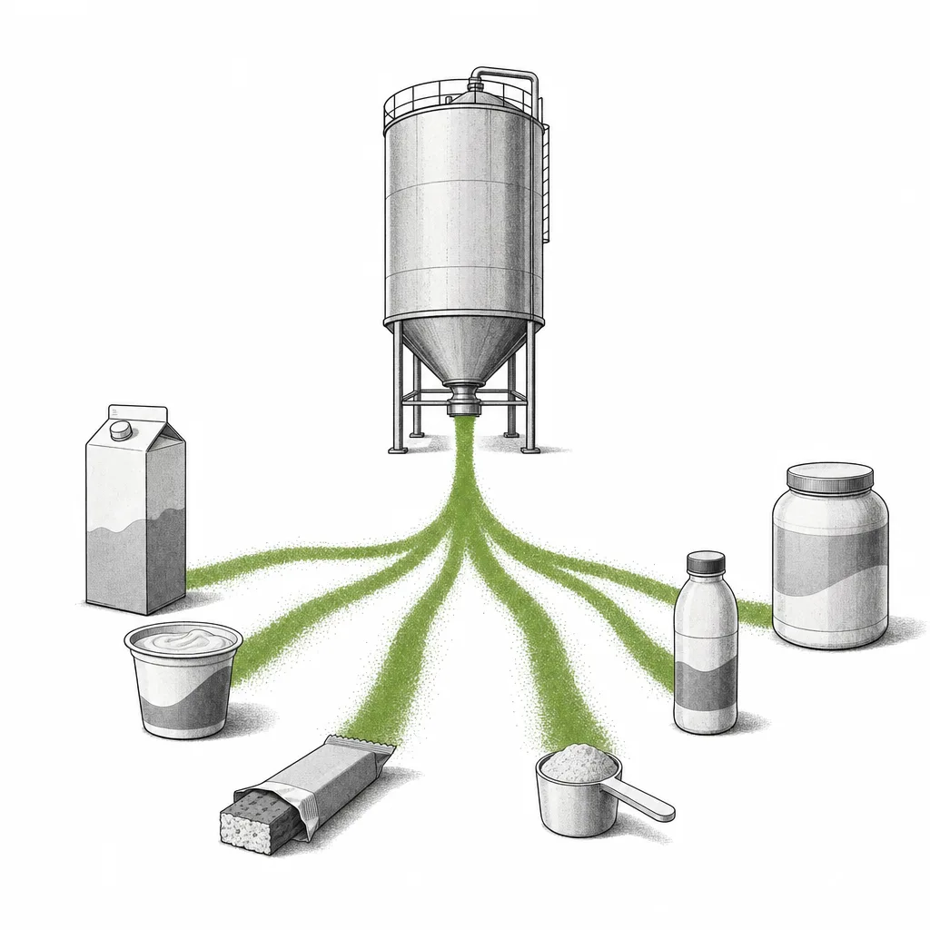 A central ingredient silo dispensing protein powder out to several different brand products around it, signaling a strategy of selling ingredients rather than brands.