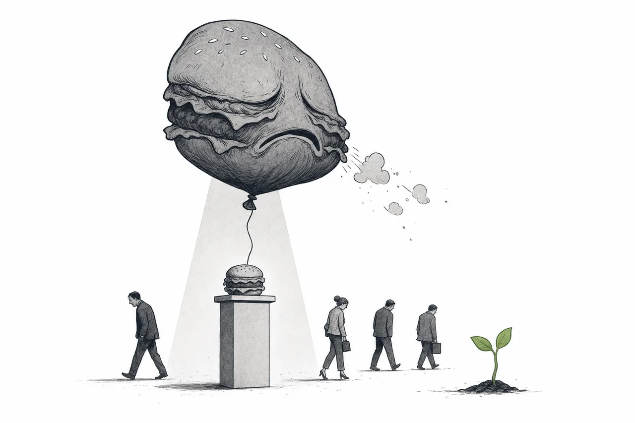 A burger-shaped balloon deflating on a pedestal under a spotlight, signaling a once-hyped trend that fizzled, with a small green sprout growing beside it.