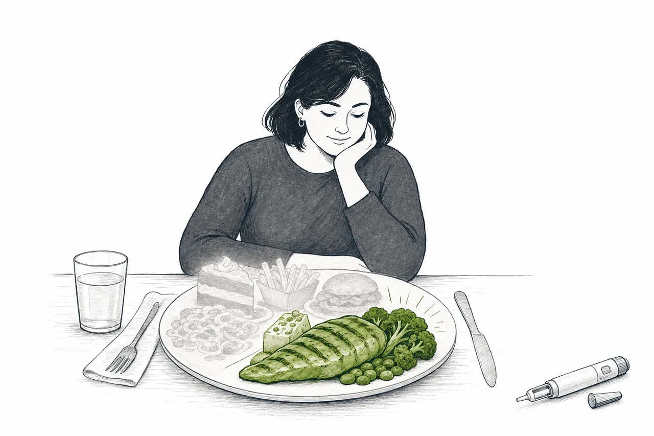 A plate where the sugar portion shrinks and fades while the high-protein portion is pushed forward and emphasized, signaling that GLP-1 drugs are changing how people eat.