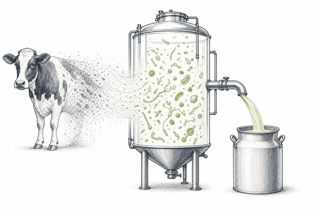 A large fermentation tank producing milk protein like a cow, with the silhouette of a cow gradually turning into a fermentation tank, microbes at work inside.
