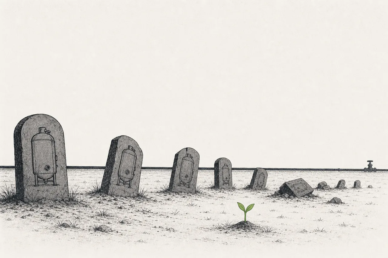 Rows of gravestones carved with fermentation vats, some toppled, some sinking, while a line of cheap oil prices stretches long across the background — representing biotech companies that died because they couldn't beat the cost